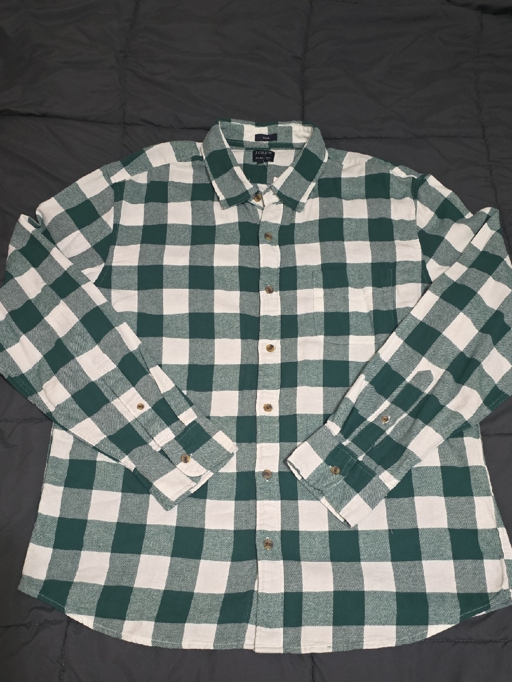 J Crew Mens Green White Buffalo Check Flannel Slim Fit Shirt XL NWT